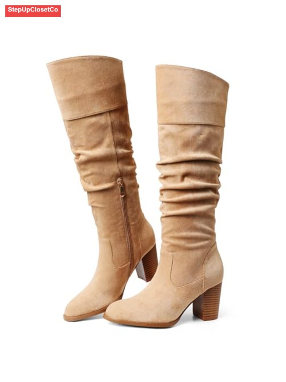 Suede Slouch Knee High Boots Chunky Block Heel Pull On Fall Tall Boot